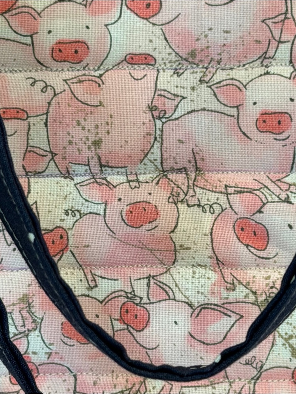 Handmade Pink Pig Print Quilted Tote Bag with Navy Straps - Picture 2 of 2